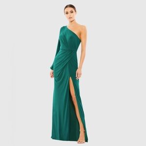 Mac Duggal NWT Emerald Green One Shoulder Puff Sleeve Faux Wrap Gown Size 6